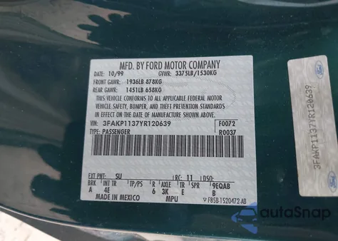 2000 Ford Escort Zx2 z USA, uszkodzony, nr VIN 3FAKP1137YR120639